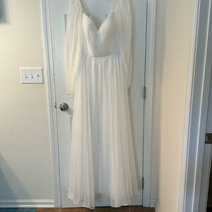 Off shoulder sweetheart neckline chiffon A-line dress with long sheer sleeves